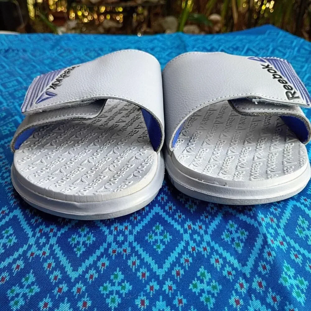 Reebok White and Blue Slides